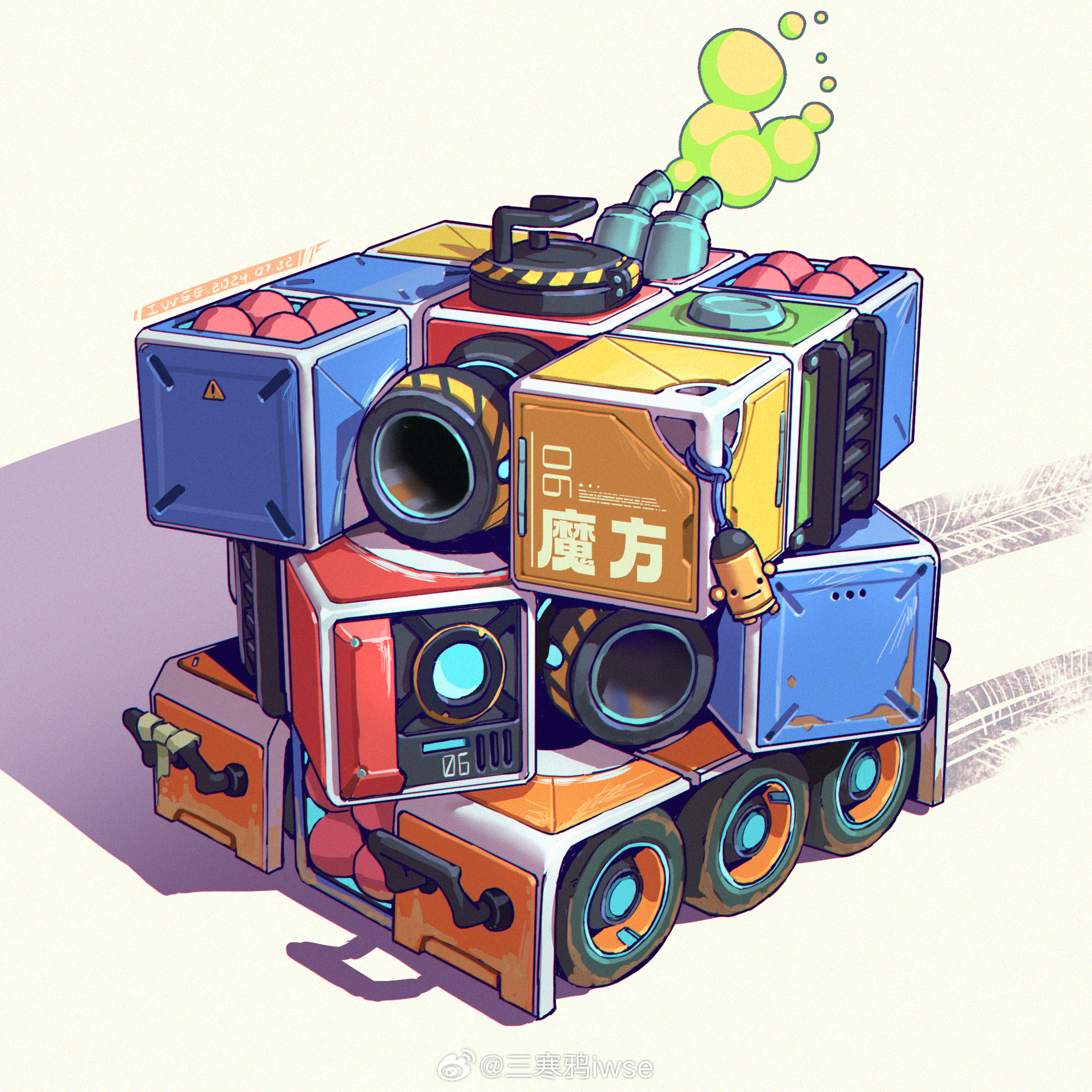artist_name bullet_kin charm_(object) chinese_text chromatic_aberration dated enter_the_gungeon highres iwse_zhang military_vehicle motor_vehicle no_humans original rubik's_cube sign signature simple_background skid_mark smoke still_life tank translation_request vehicle_focus warning_sign watermark weibo_username weibo_watermark white_background