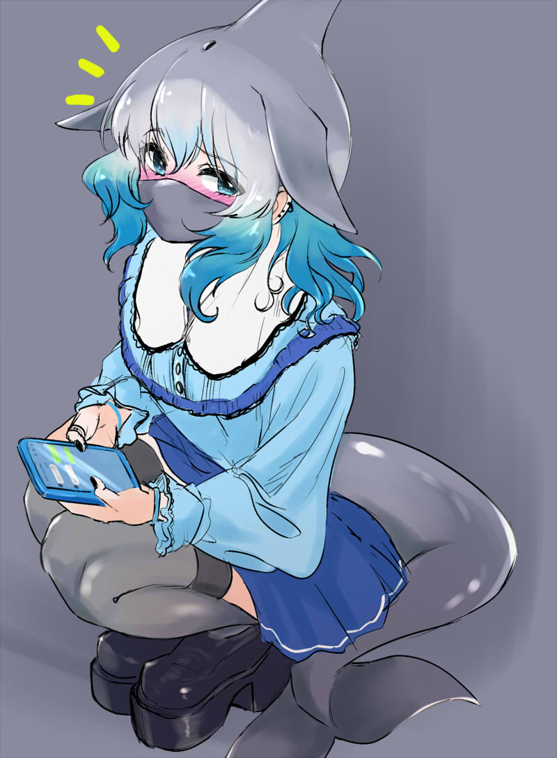 1girl adapted_costume black_nails black_shorts blowhole blue_eyes blue_hair blue_shirt blue_skirt blush cellphone cetacean_tail collar common_bottlenose_dolphin_(kemono_friends) dolphin_girl dorsal_fin ear_piercing fins fish_tail frilled_collar frilled_sleeves frills grey_hair grey_thighhighs hair_between_eyes head_fins kemono_friends kotons long_sleeves looking_at_viewer mask multicolored_hair nail_polish phone piercing pleated_skirt puffy_sleeves shirt short_hair shorts sidelocks skirt smartphone solo squatting tail thighhighs white_collar white_hair zettai_ryouiki