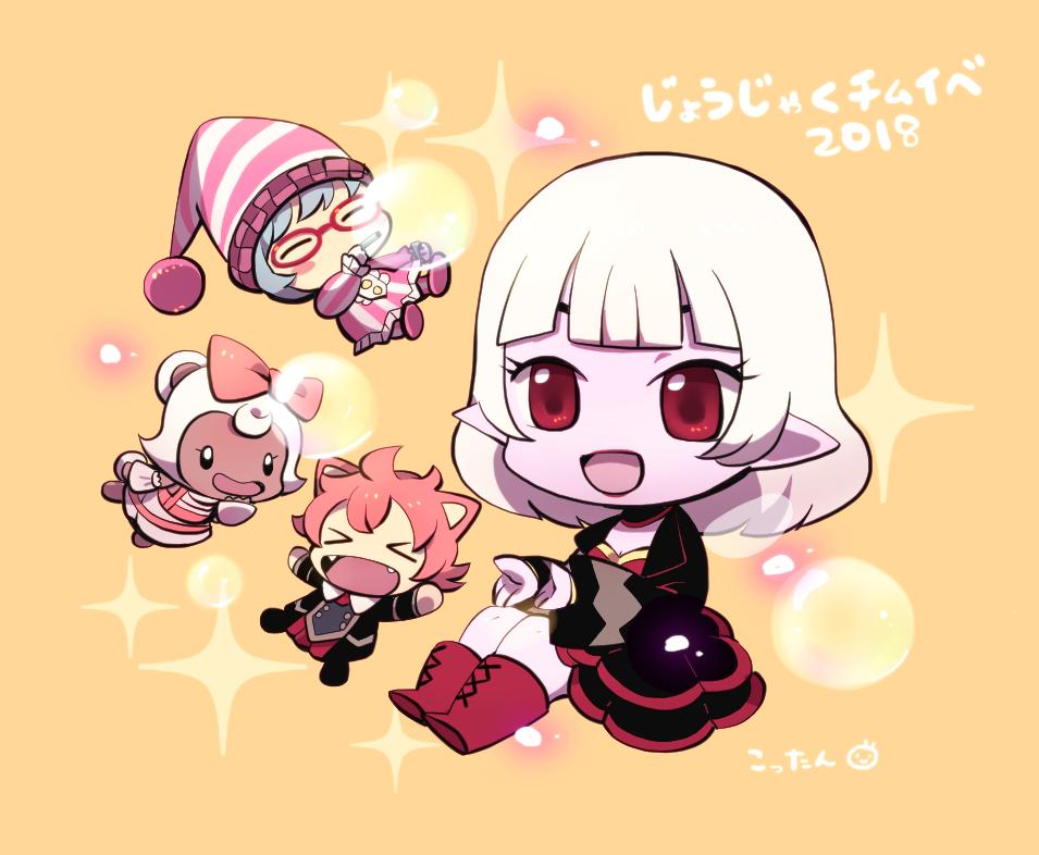 &gt;_&lt; 4girls animal_ears bear_ears black_dress brown_background blowing_bubbles bubble_pipe cat_ears chibi chibi_only dark-skinned_female dark_skin dragon_quest dragon_quest_x dress elf_(dq10) fang hat kotorai lipstick long_sleeves makeup multiple_girls nightcap no_nose pointy_ears puklipo red-framed_eyewear red_eyes red_footwear red_lips striped_clothes striped_dress striped_headwear translation_request vertical-striped_clothes vertical-striped_dress white_hair