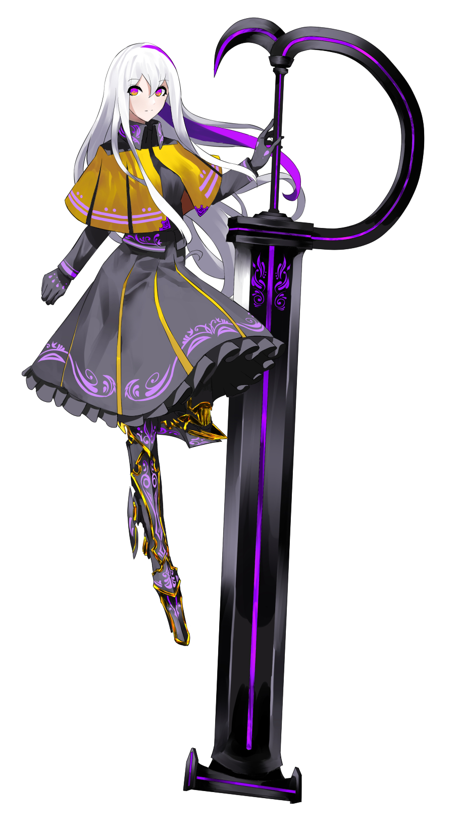 1girl bad_id bad_pixiv_id capelet dress female_focus frilled_dress frills full_body gloves gold_trim highres huge_weapon long_hair looking_at_viewer multicolored_eyes multicolored_hair neon_trim original piano_(symbol) prosthesis prosthetic_leg purple_eyes purple_hair solo streaked_hair sword tsuki-shigure weapon white_background white_hair yellow_eyes