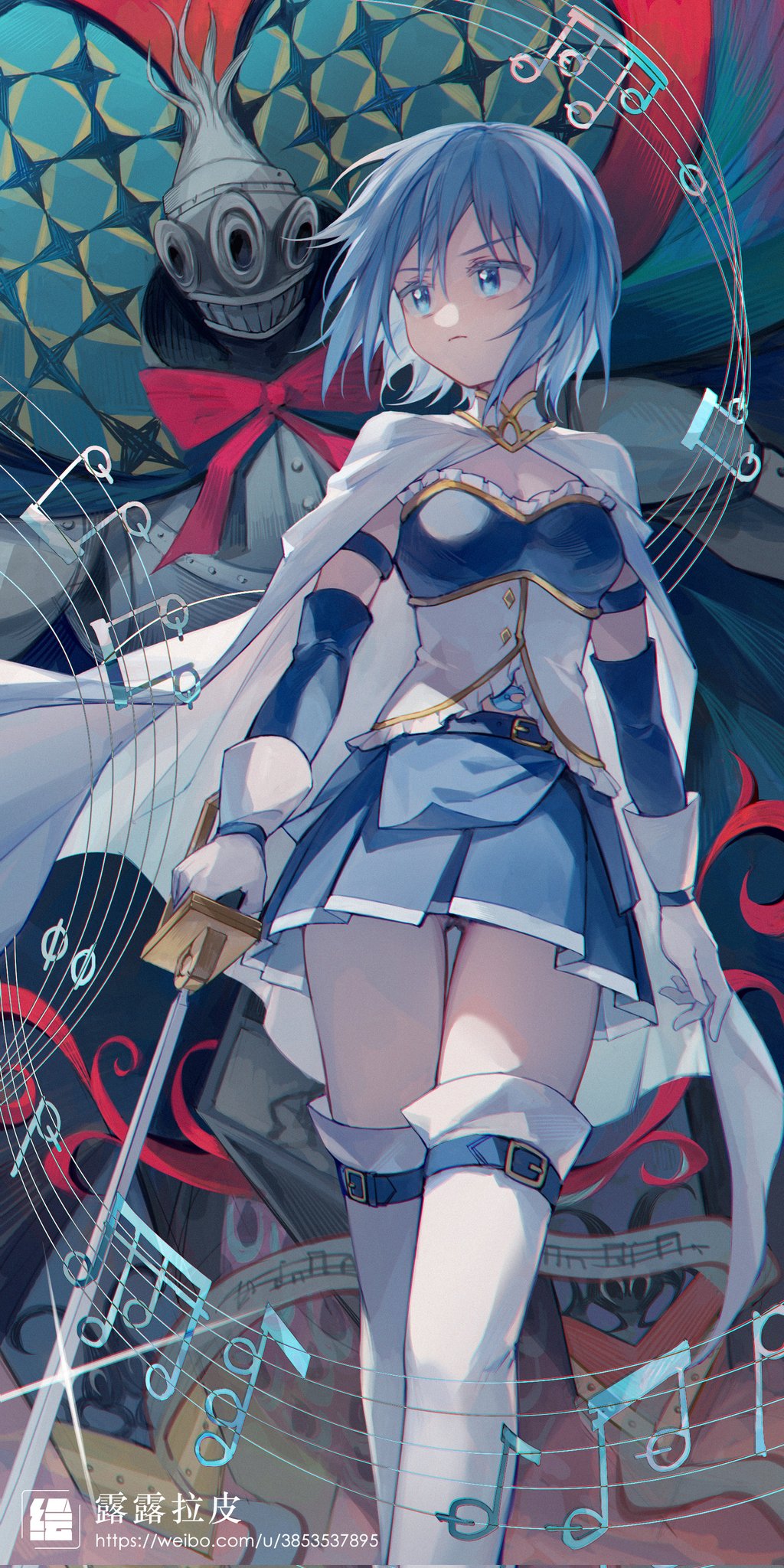 1girl blue_eyes blue_gloves blue_hair blue_skirt boots breasts cape cleavage closed_mouth elbow_gloves feet_out_of_frame gloves hair_between_eyes highres holding holding_sword holding_weapon magical_girl mahou_shoujo_madoka_magica medium_breasts midriff_peek miki_sayaka miki_sayaka_(magical_girl) musical_note nauxii oktavia_von_seckendorff pleated_skirt short_hair skirt solo sword thigh_boots watermark weapon web_address white_boots white_cape white_gloves witch_(madoka_magica)