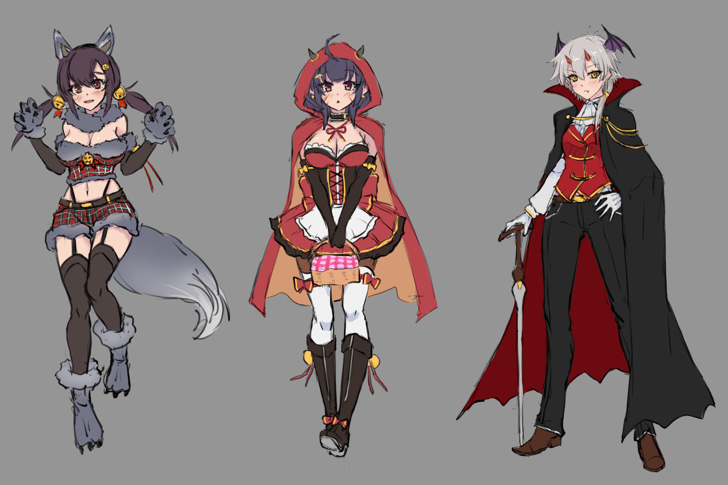 3girls abukuma_(azur_lane) alternate_costume animal_ears animal_feet azur_lane bat_wings bell belt black_cape black_footwear black_legwear boots breasts brown_belt brown_corset brown_eyes brown_footwear brown_legwear bucket cape cleavage corset cross-laced_clothes detached_sleeves dress facial_mark fake_animal_ears full_body fur-trimmed_shorts fur-trimmed_sleeves fur_trim garter_straps gloves grey_background grey_footwear grey_hair hair_bell hair_ornament halloween_costume hand_on_cane head_wings holding holding_bucket hood hoodie horns jacket kinu_(azur_lane) large_breasts long_hair looking_at_viewer medium_hair midriff multiple_girls nagara_(azur_lane) oni_horns pants plaid_clothes plaid_shorts red_cape red_dress red_eyes red_hoodie red_jacket shirt shoes short_dress shorts simple_background sleeveless sleeveless_jacket small_breasts thighhighs twintails two-tone_cape underbust waa!_okami white_gloves white_legwear white_shirt wings yellow_eyes