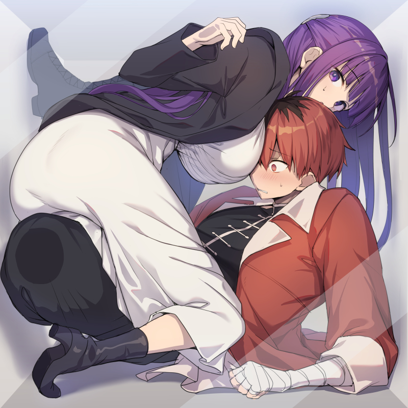 1boy 1girl ass black_hair blunt_bangs blush box breast_rest breasts breasts_on_head commentary_request cramped dress face_to_breasts fern_(sousou_no_frieren) hetero high_heels in_box in_container koikawa_minoru large_breasts long_hair multicolored_hair open_mouth purple_eyes purple_hair red_hair short_hair sidelocks sousou_no_frieren stark_(sousou_no_frieren) straight_hair stuck_in_a_box white_dress