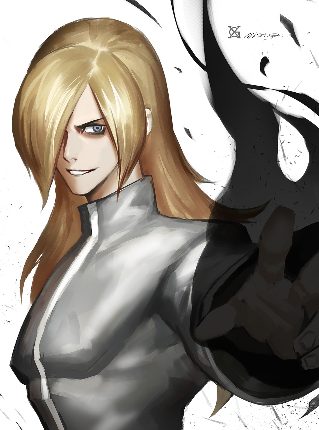 1boy blonde_hair blue_eyes fire grin hair_over_one_eye highres long_hair looking_at_viewer male_focus muscular pyrokinesis saiki_(kof) smile snk solo the_king_of_fighters the_king_of_fighters_xiii trap xiaoguimist