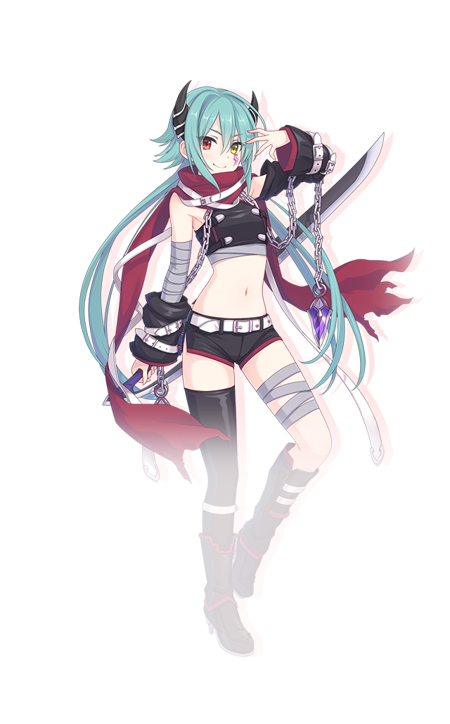 1girl anna_(princess_connect!) bandaged_leg bandages bare_shoulders belt belt_buckle black_horns black_shorts black_sleeves black_thighhighs bow_(weapon) breasts buckle chain closed_mouth crop_top detached_sleeves drop_shadow facial_mark full_body green_eyes hair_between_eyes hand_up heterochromia high_heels holding holding_bow_(weapon) holding_weapon horns long_hair looking_at_viewer navel official_art princess_connect! red_eyes red_scarf scarf short_shorts shorts sidelocks simple_background single_thighhigh sleeve_belt smile solo standing stomach tachi-e thighhighs torn_clothes torn_scarf transparent_background twintails v-shaped_eyebrows very_long_hair weapon white_belt