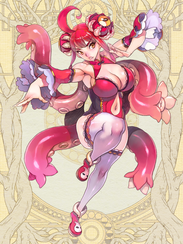 1girl ahoge armpits breasts cleavage dairoku_ryouhei detached_sleeves double_bun f.s. full_body hair_bun huge_ahoge large_breasts monster_girl navel official_art orange_eyes parted_lips photoshop_(medium) pink_hair pink_thighhighs scylla short_hair solo suction_cups tentacles thighhighs