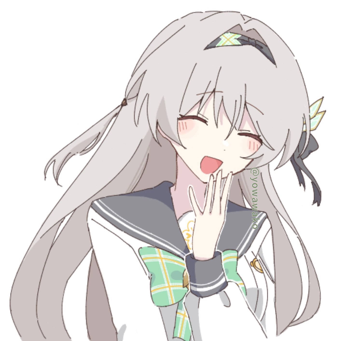 1girl black_hair black_hairband blush blush_stickers bow bowtie collared_shirt firefly_(honkai:_star_rail) firefly_(spring_missive)_(honkai:_star_rail) green_bow green_bowtie grey_hair grey_sailor_collar hair_between_eyes hair_intakes hair_ornament hair_ribbon hair_tubes hairband hand_on_own_chin highres honkai:_star_rail honkai_(series) long_hair open_mouth plaid_bow plaid_bowtie plaid_clothes ribbon sailor_collar shirt simple_background smile solo twitter_username white_background white_shirt yowawako
