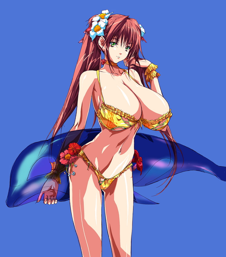 00s 1girl bikini blue_background breasts cameltoe cleavage covered_erect_nipples cowboy_shot dolphin eiken female_focus flower green_eyes hair_flower hair_ornament huge_breasts inflatable_dolphin inflatable_toy long_hair orca q_azieru red_hair shinonome_chiharu simple_background solo swimsuit twintails whale yellow_bikini