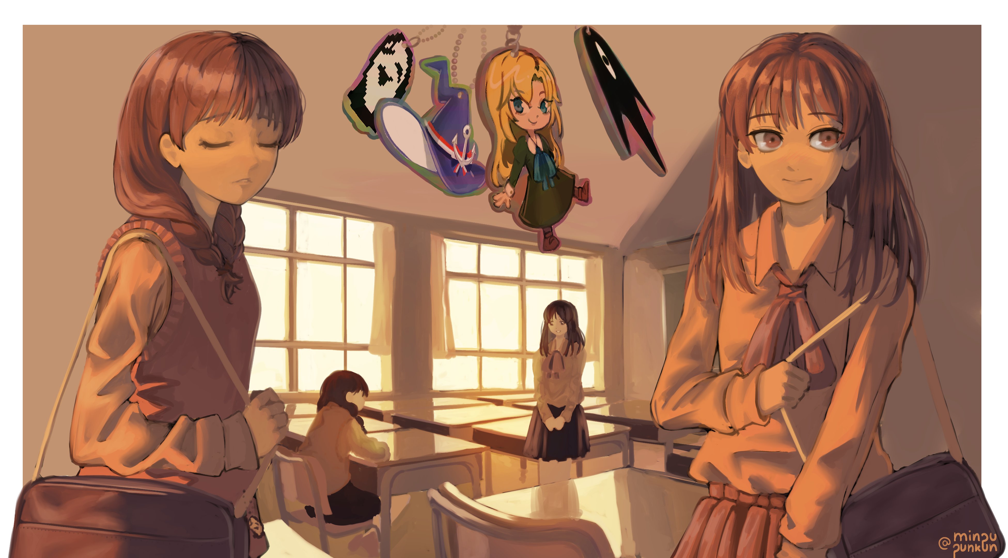 2girls absurdres artist_name ascot bag blonde_hair blue_eyes border brown_eyes brown_hair chair character_charm charm_(object) classroom closed_eyes closed_mouth cowboy_shot desk dress genre_connection green_dress highres holding holding_bag ib_(ib) ib_(kouri) indoors light_smile long_hair looking_at_another looking_to_the_side madotsuki mary_(ib) minpupunkun multiple_girls omori parted_lips red_ascot red_skirt red_vest school_desk shirt shoulder_bag skirt something_(omori) uboa vest white_border white_shirt yume_nikki