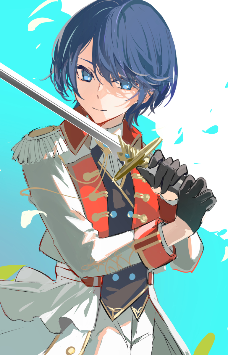 1girl androgynous bad_id bad_twitter_id black_gloves blue_eyes blue_hair closed_mouth collared_shirt cowboy_shot dark_blue_hair epaulettes gloves hands_up highres holding holding_sword holding_weapon hoshino_ichika_(project_sekai) long_sleeves official_alternate_costume official_alternate_hair_length official_alternate_hairstyle poppoman project_sekai relax_teatime_(project_sekai) shirt short_hair solo sword weapon
