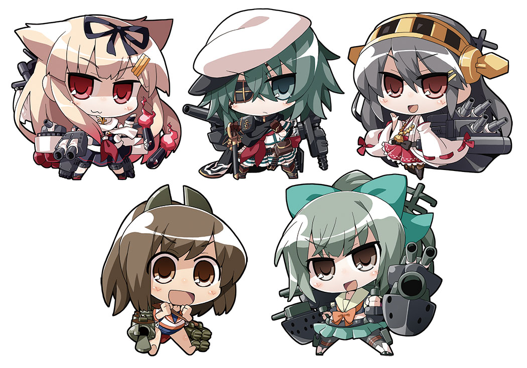 &gt;:d 10s 5girls :/ :3 :d akaneya black_hair bow brown_eyes brown_hair cape chibi clenched_hands detached_sleeves eyepatch green_eyes green_hair hair_bow hair_flaps hair_ornament hair_ribbon hairband hairclip haruna_(kancolle) hat i-401_(kancolle) kantai_collection kiso_(kancolle) long_hair machinery multiple_girls nontraditional_miko open_mouth pantyhose red_eyes remodel_(kantai_collection) ribbon school_swimsuit school_uniform serafuku ship_turret short_hair simple_background smile swimsuit swimsuit_under_clothes sword torpedo v-shaped_eyebrows weapon white_background yuubari_(kancolle) yuudachi_(kancolle)
