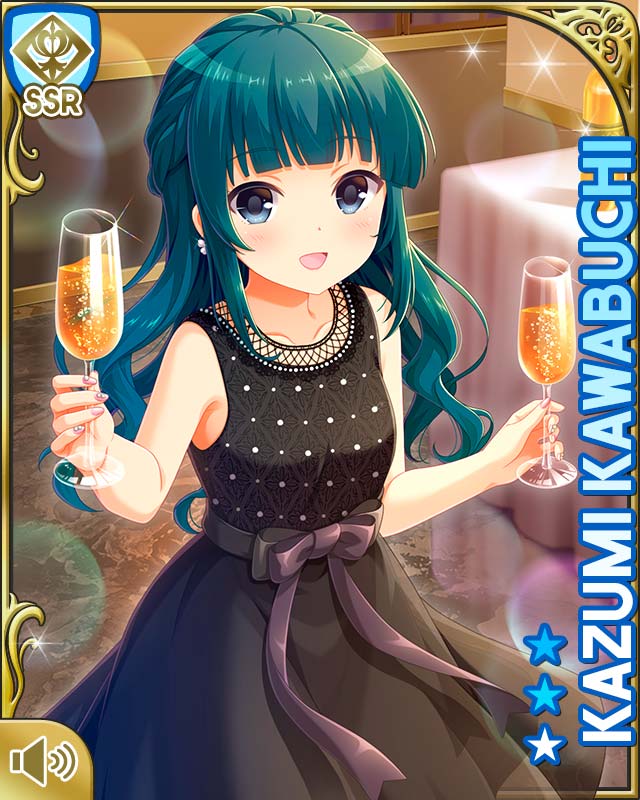 1girl :d aqua_hair black_dress card_(medium) character_name cup dress drinking_glass earrings evening_gown girlfriend_(kari) grey_eyes holding_glass indoors jewelry kawabuchi_kazumi mansion night official_art open_mouth qp:flapper smile solo tagme twintails wine_glass