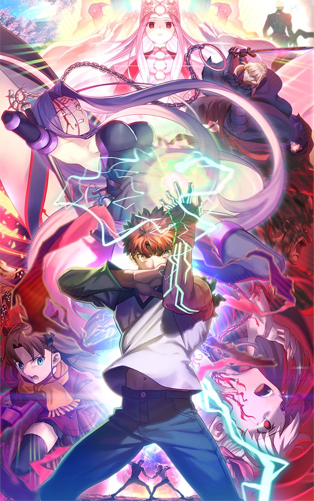 artist_request artoria_pendragon_(fate) bandaged_hand berserker_(fate/zero) black_hair blonde_hair blood breasts chain character_request denim electricity emiya_shirou energy fate_(series) jeans large_breasts medusa_(fate) medusa_(rider)_(fate) multiple_boys multiple_girls navel pants pink_hair red_hair scarf sword tears tohsaka_rin weapon yellow_eyes