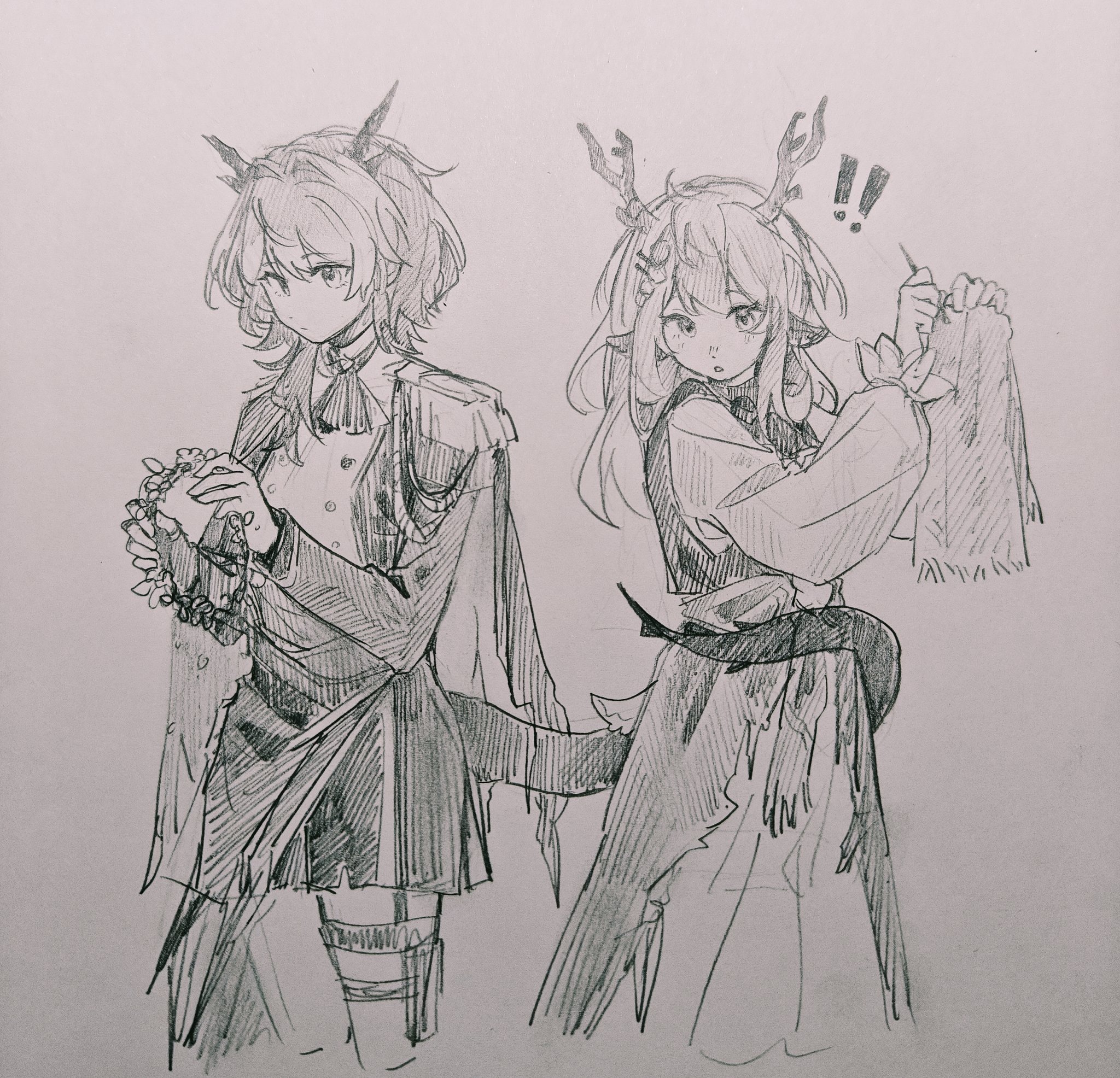 ! !! 2girls alina_(arknights) animal_ears arknights ascot chinese_commentary commentary_request cropped_legs dress greyscale hatching_(texture) head_wreath highres holding holding_wreath horns jacket linear_hatching long_sleeves looking_down maplebyebye medium_hair monochrome multiple_girls needle sewing_needle skirt standing tail tail_around_waist talulah_(arknights) talulah_the_fighter_(arknights) traditional_media yuri