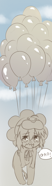 1girl animal_costume balloon chibi fate/tiger_colosseum fate_(series) floating gao lion_costume monochrome saber_lion tears tusia