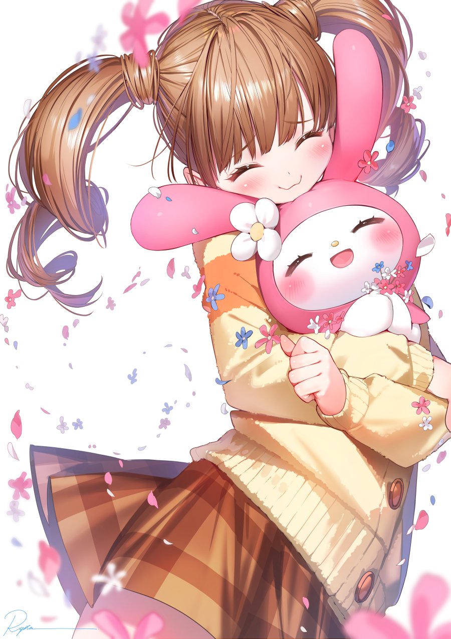 1girl animal blush brown_hair brown_skirt cardigan closed_eyes closed_mouth crossed_arms drill_hair falling_petals flower furrowed_brow highres holding holding_animal holding_flower long_hair long_sleeves my_melody onegai_my_melody orange_cardigan petals plaid_clothes plaid_skirt ryota_(ry_o_ta) sanrio skirt smile striped_cardigan twin_drills two-tone_cardigan white_background yellow_cardigan yumeno_uta