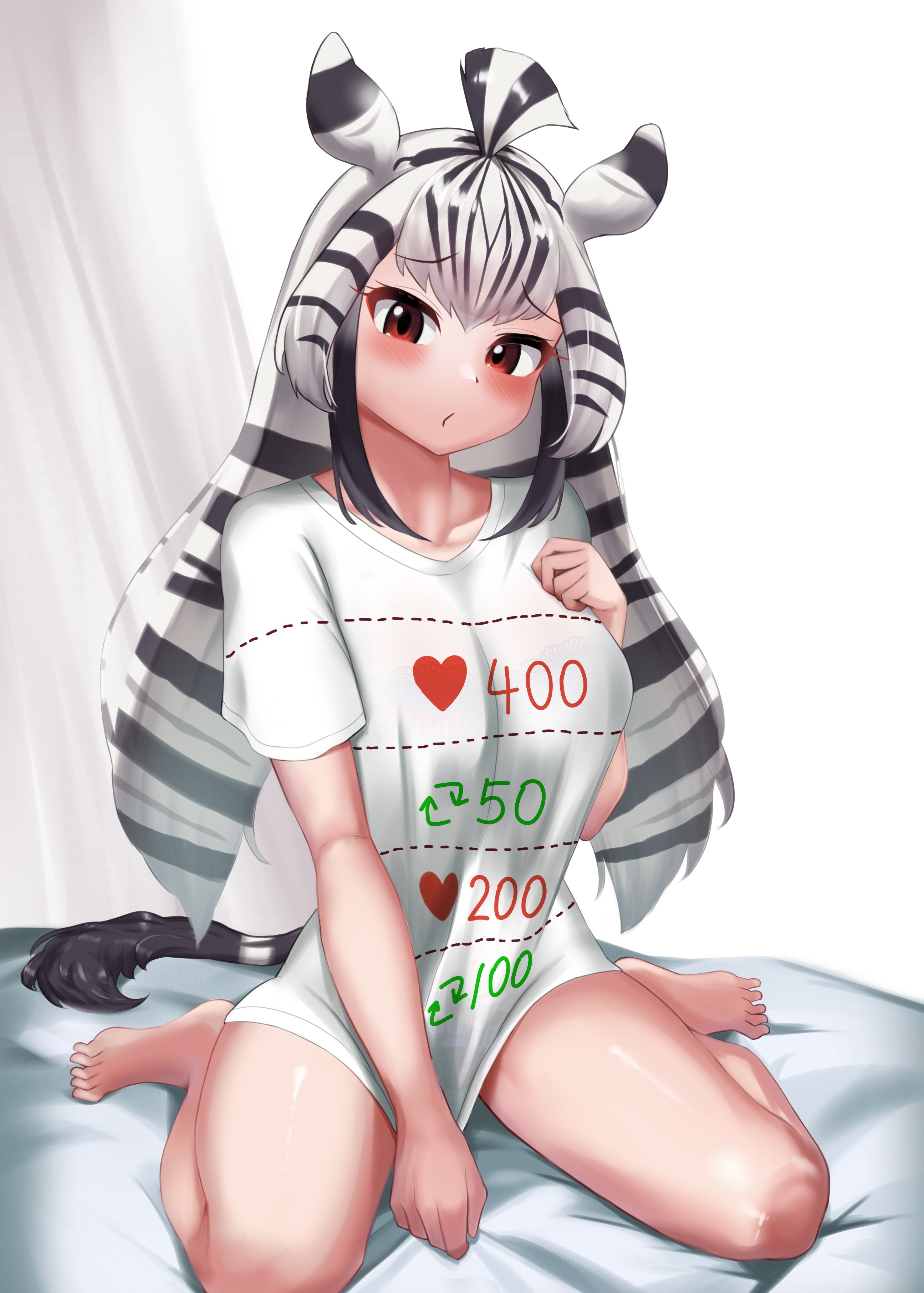 1girl absurdres animal_ears animal_print black_hair blush breasts chapman's_zebra_(kemono_friends) covering_crotch covering_privates cut-here_line dotted_line embarrassed extra_ears highres kemono_friends kemono_friends_3 large_breasts like_and_retweet long_hair looking_at_viewer meme multicolored_hair naked_shirt negi_e_mon on_bed oversized_clothes oversized_shirt seiza shirt shirt_tug short_sleeves simple_background sitting solo striped_hair t-shirt tail text_print twitter_cutting_game twitter_strip_game two-tone_hair white_background white_hair white_shirt zebra_ears zebra_girl zebra_print zebra_tail
