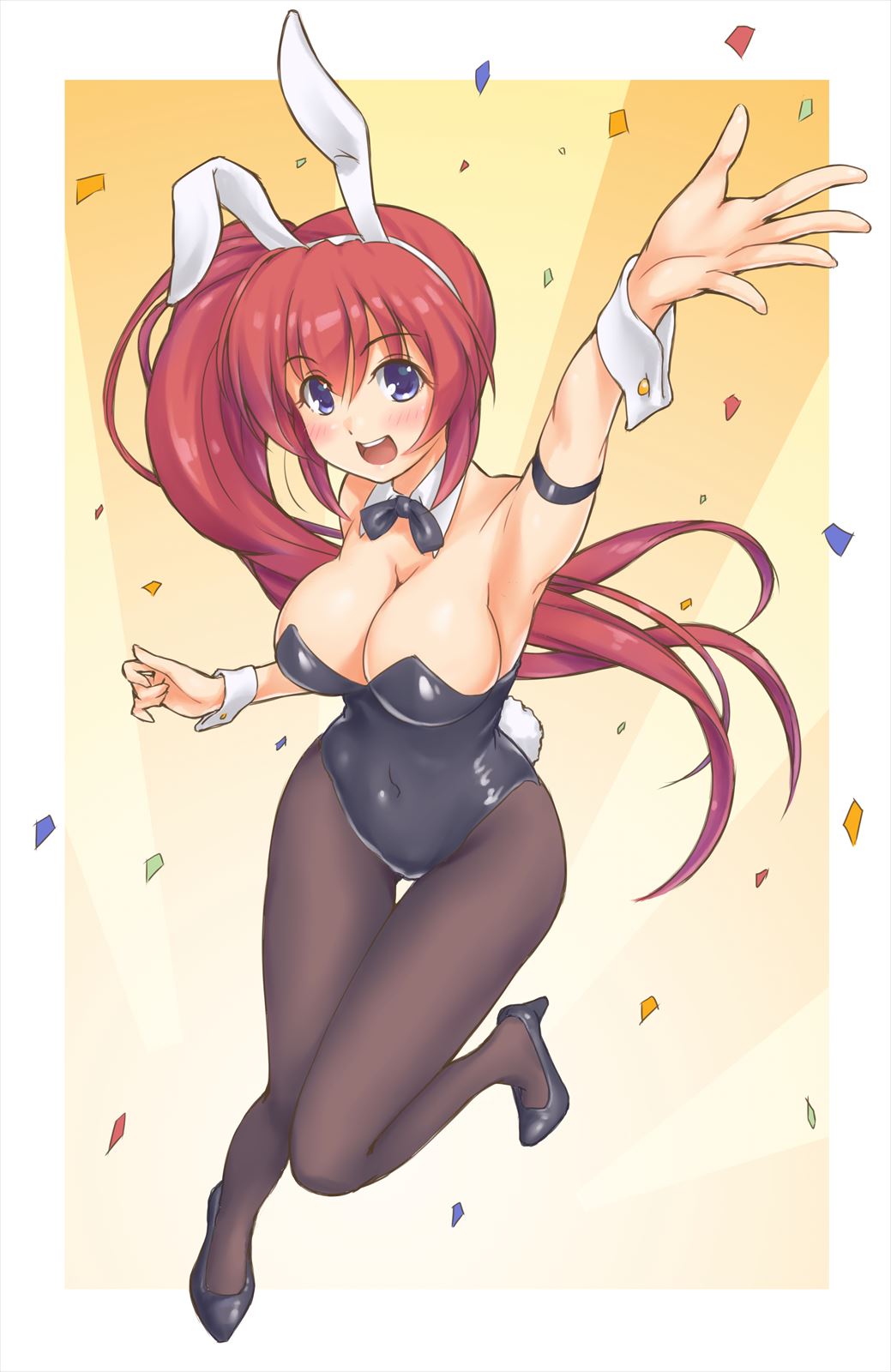1girl animal_ears black_bow black_bowtie black_leotard blue_eyes bow bowtie breasts cleavage comic_party covered_navel detached_collar foreshortening full_body highres large_breasts leotard long_hair looking_at_viewer open_mouth pantyhose playboy_bunny rabbit_ears rabbit_tail red_hair round_teeth shimamoto_(natsuki) side_ponytail solo tail takase_mizuki teeth thigh_gap upper_teeth_only wrist_cuffs