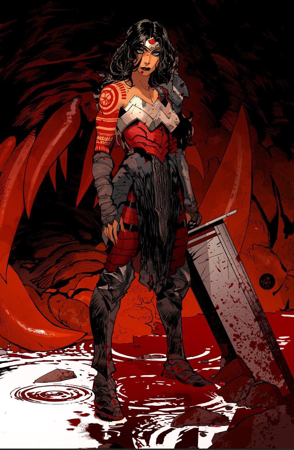 1girl absolute_wonder_woman arm_tattoo arm_wrap armor armored_boots arms_at_sides black_hair black_lips blood blood_on_clothes blood_on_face bloody_weapon blue_eyes boots breastplate closed_mouth dan_mora dc_comics eyeshadow fangs fingernails forehead_protector full_body fur_skirt highres holding holding_sword holding_weapon huge_weapon inside_creature legs_apart lipstick long_hair looking_afar looking_at_viewer makeup messy_hair monster nose official_art open_hand parted_hair pauldrons pelvic_curtain planted planted_sword planted_weapon poleyn pool_of_blood red_tattoo rock shoulder_armor signature single_off_shoulder single_pauldron solo standing standing_on_liquid sword tattoo tattoo_sleeve thigh_strap toned toned_female weapon wonder_woman wonder_woman_(series)
