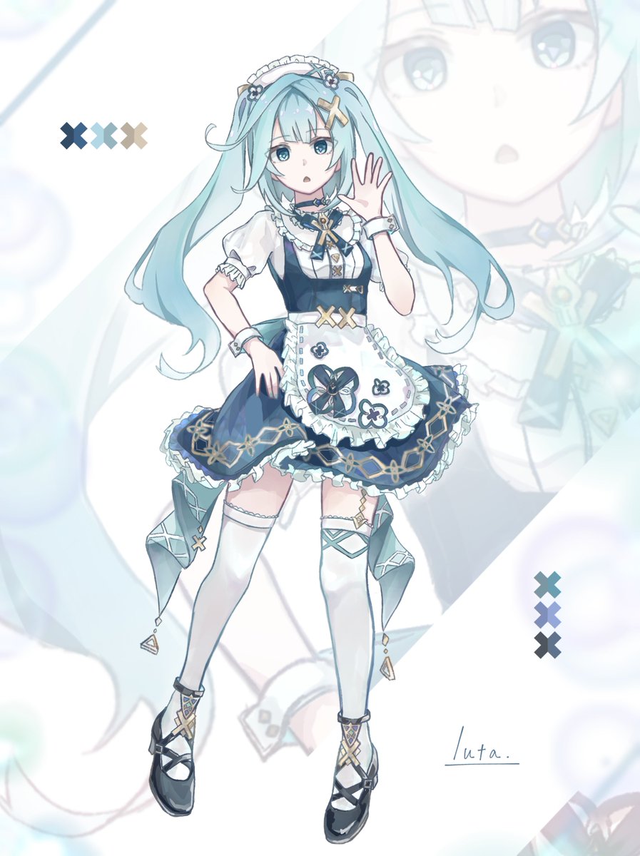 1girl apron aqua_hair aqua_skirt black_footwear faruzan_(genshin_cafe_in_seoul)_(genshin_impact) faruzan_(genshin_impact) full_body genshin_impact green_eyes hair_ornament hand_on_own_hip hand_up highres long_hair looking_at_viewer luta_(luta_1013) maid maid_apron maid_headdress official_alternate_costume parted_lips shirt short_sleeves skirt solo standing thighhighs white_apron white_thighhighs white_wrist_cuffs wrist_cuffs zettai_ryouiki zoom_layer