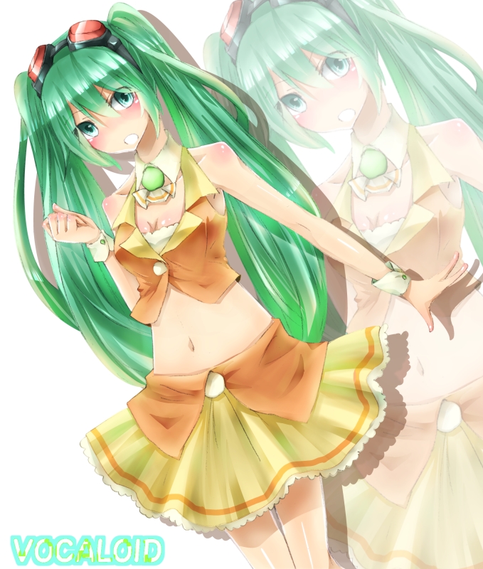 1girl bad_id bad_pixiv_id blush cosplay female_focus goggles goggles_on_head green_eyes green_hair gumi gumi_(cosplay) hatsune_miku long_hair matching_hair/eyes midriff navel red-tinted_eyewear simple_background skirt solo tinted_eyewear twintails uruha_(yw1109) vocaloid white_background wrist_cuffs zoom_layer
