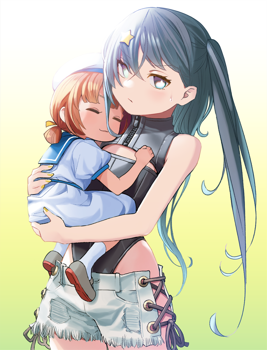 2girls black_hair black_one-piece_swimsuit blue_sailor_collar brown_hair closed_eyes commentary competition_swimsuit cuddling dress grey_background hair_ornament hair_rings highleg highleg_one-piece_swimsuit highres kaiboukan_no._4_(kancolle) kantai_collection long_hair low_twintails mizoki_kei multiple_girls one-piece_swimsuit sailor_collar sailor_dress scamp_(kancolle) shoes short_shorts shorts side_ponytail sleeping socks star_(symbol) star_hair_ornament swimsuit twintails uwabaki white_dress white_footwear white_shorts white_socks