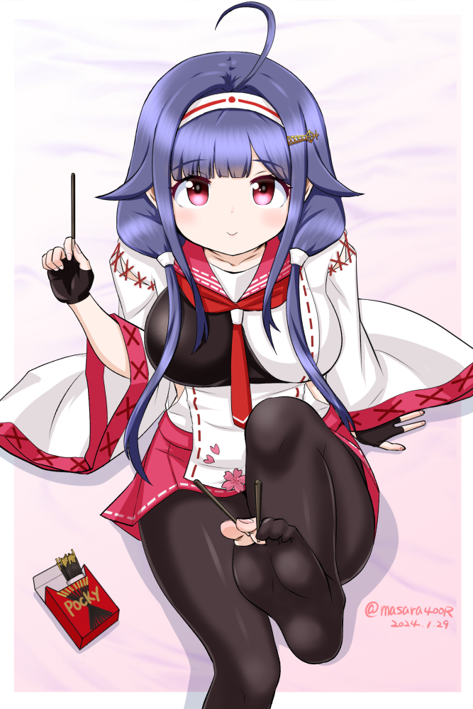1girl ahoge black_gloves dated fingerless_gloves food gloves hair_flaps hakama hakama_skirt holding japanese_clothes kantai_collection kimono long_hair masara_(chuujou) muneate partially_toeless_legwear pink_background pleated_skirt pocky purple_hair red_eyes red_hakama red_sailor_collar red_skirt ryuuhou_(kancolle) ryuuhou_kai_ni_(kancolle) sailor_collar skirt soles solo taigei_(kancolle) twitter_username white_kimono wide_sleeves