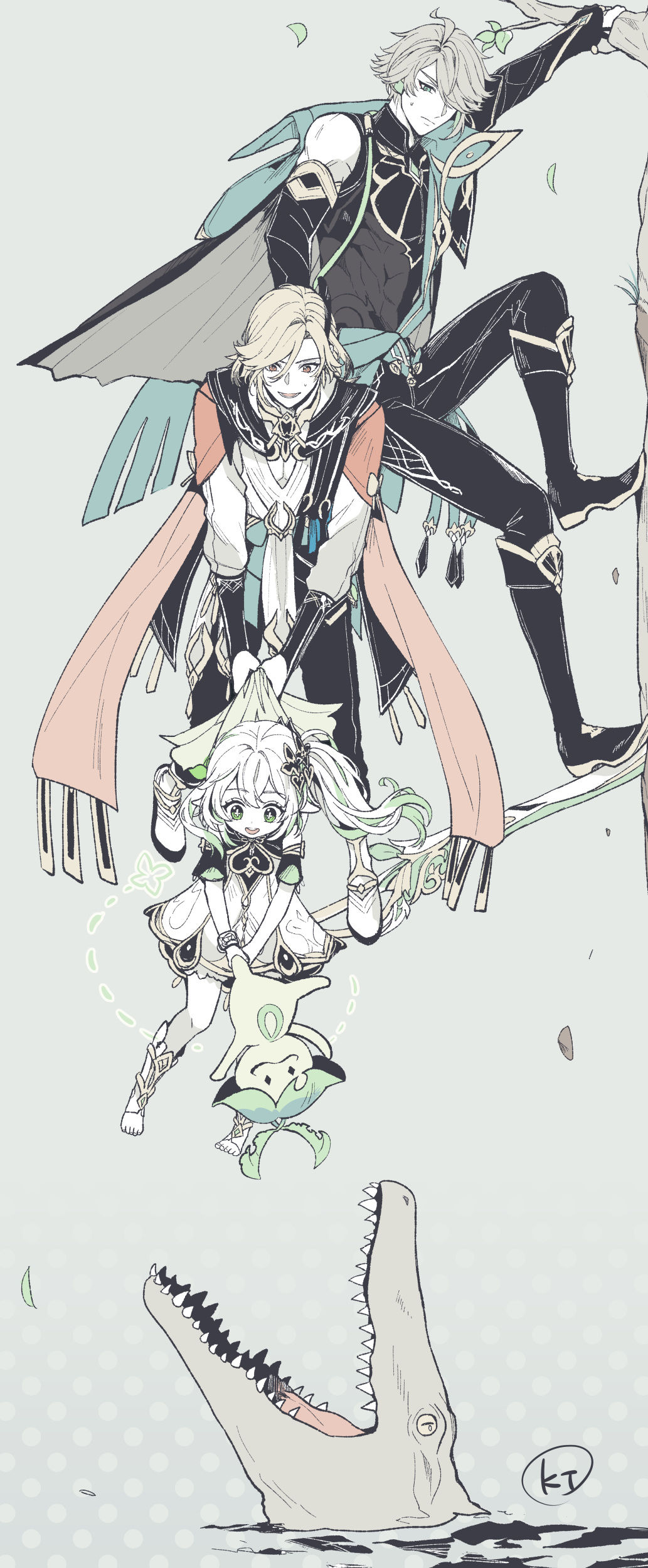 1girl 2boys :d absurdres ahoge alhaitham_(genshin_impact) aranara_(genshin_impact) arm_up artist_name black_footwear black_gloves black_pants black_shirt blonde_hair bloomers blue_sash boots bracelet branch cable cape closed_mouth commentary_request crocodile crocodilian cross-shaped_pupils detached_sleeves dress elbow_gloves eyelashes feather_hair_ornament feathers fingerless_gloves genshin_impact gloves gold_trim green_cape green_eyes green_hair grey_background grey_hair hair_between_eyes hair_ornament hair_over_one_eye hanging_on headphones highres jewelry kaveh_(genshin_impact) leaf_hair_ornament light_of_foliar_incision_(genshin_impact) long_hair long_sleeves looking_at_another looking_down multiple_boys nahida_(genshin_impact) necklace one_eye_covered open_mouth pants parted_bangs partially_fingerless_gloves pointy_ears ponytail red_cape red_eyes sash sharp_teeth shirt shoes short_hair short_sleeves side_ponytail simple_background sleeveless sleeveless_dress sleeveless_shirt smile sweatdrop swept_bangs sword symbol-shaped_pupils tanuki_nishi teeth tongue tree underwear upper_teeth_only water weapon white_bloomers white_dress white_footwear white_hair white_shirt