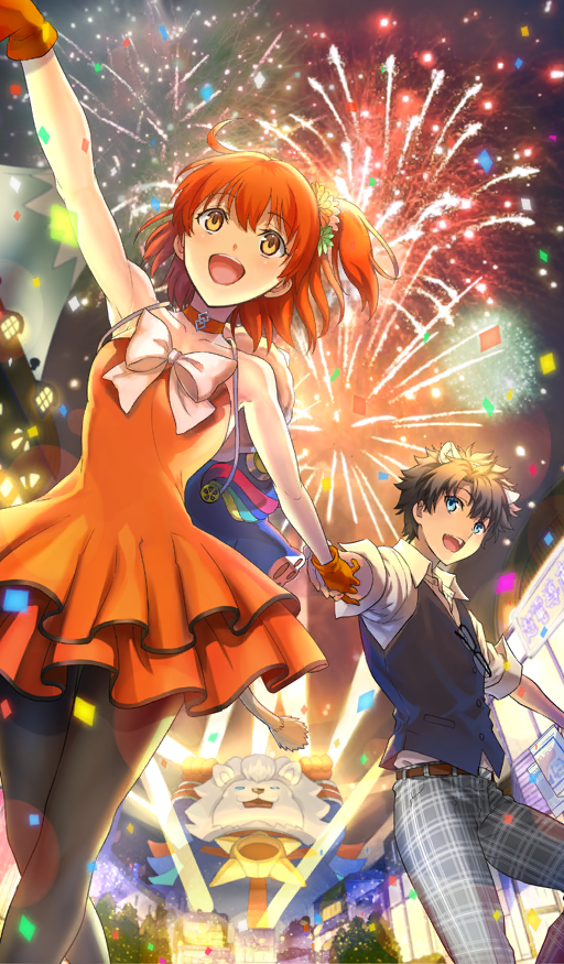 1boy 1girl :d aerial_fireworks ahoge animal_ears belt black_hair black_pantyhose black_vest blue_eyes bow bowtie breasts brown_belt choker collarbone collared_shirt commentary confetti dress fake_animal_ears fate/grand_order fate_(series) feet_out_of_frame fireworks flower fujimaru_ritsuka_(female) fujimaru_ritsuka_(female)_(starlight_fest) fujimaru_ritsuka_(male) fujimaru_ritsuka_(male)_(starlight_fest) gloves hair_flower hair_ornament happy holding_hands lion medium_hair night night_sky official_art one_side_up open_mouth orange_choker orange_dress orange_eyes orange_gloves orange_hair outdoors pants pantyhose plaid_clothes plaid_pants searchlight shirt sky sleeveless sleeveless_dress small_breasts smile task_owner teeth third-party_source thomas_edison_(fate) upper_teeth_only vest waistcoat white_bow white_bowtie white_shirt