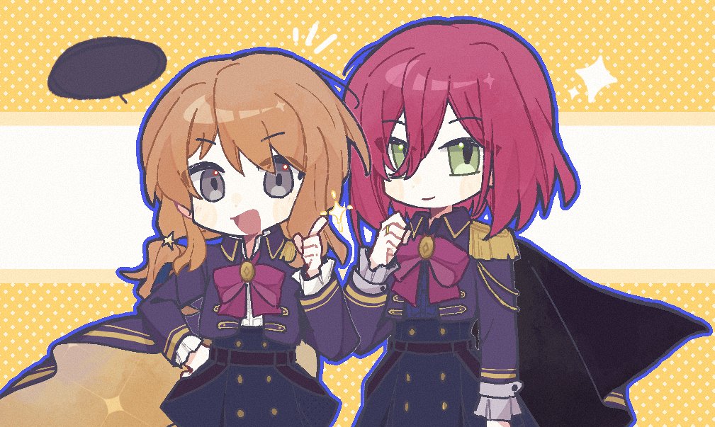 2girls :d arm_at_side assault_lily belt black_belt black_cape blank_speech_bubble blue_skirt bow bowtie brown_hair buttons cape center_frills chibi closed_mouth commentary cowboy_shot epaulettes frilled_shirt frilled_sleeves frills green_eyes grey_eyes hair_between_eyes hair_ornament hand_on_own_hip hand_up hatsukano_yo high-waist_skirt iijima_renka index_finger_raised jacket jewelry light_blush long_bangs long_hair long_sleeves looking_at_viewer low_ponytail medium_hair multiple_girls notice_lines official_alternate_costume open_clothes open_jacket open_mouth polka_dot polka_dot_background ponytail purple_jacket red_bow red_bowtie red_hair ring shirt side-by-side side_cape side_ponytail single_epaulette skirt smile sparkle speech_bubble standing star_(symbol) star_hair_ornament symbol-only_commentary two-tone_background white_background white_shirt xizhou_meng_ling yellow_background