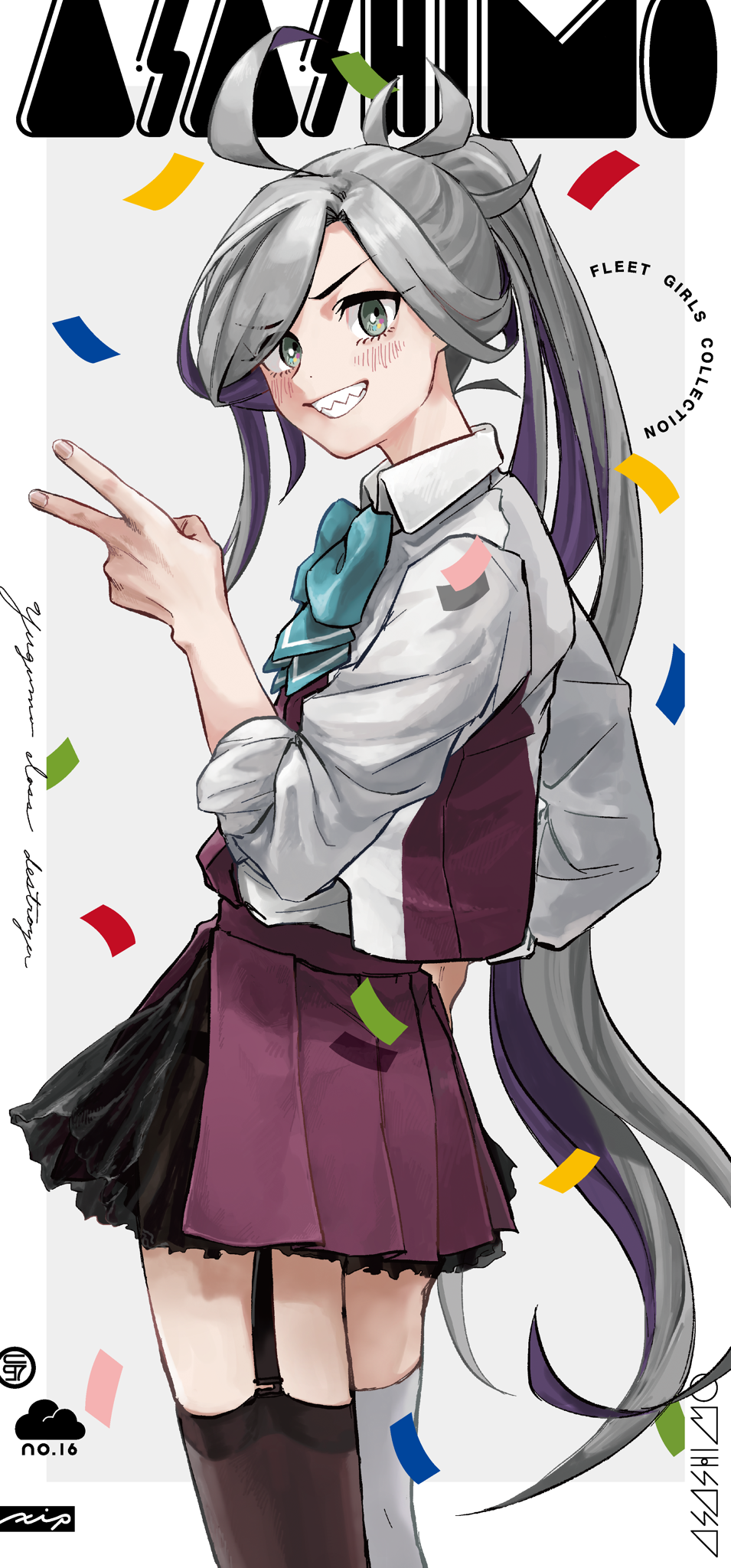 1girl ahoge asashimo_(kancolle) asashimo_kai_ni_(kancolle) asymmetrical_legwear black_thighhighs blue_bow blue_bowtie blush bow bowtie character_name confetti garter_straps grey_eyes grey_hair grin highres kantai_collection long_hair looking_at_viewer mismatched_legwear multicolored_hair ponytail purple_hair purple_skirt school_uniform sharp_teeth shirt simple_background single_garter_strap skirt sleeves_rolled_up smile solo sway_back teeth thighhighs v very_long_hair white_thighhighs zippo_teifujou