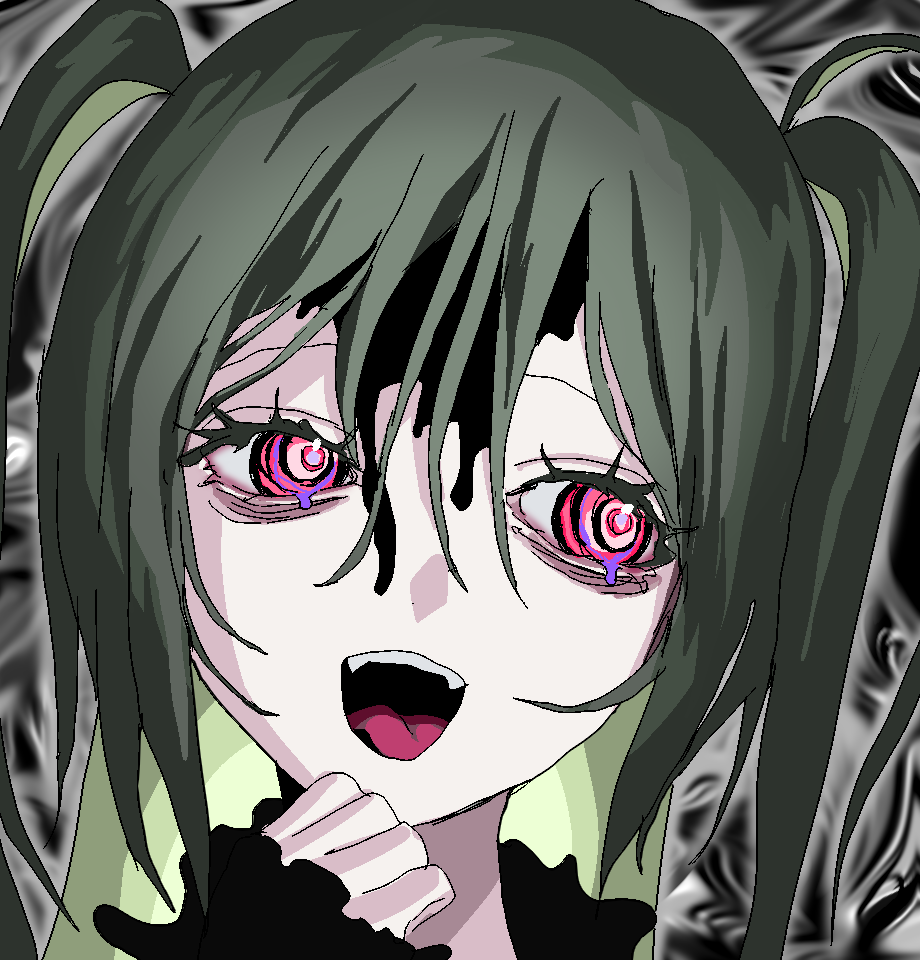1girl black_background black_shirt colored_inner_hair green_hair grey_background hair_between_eyes hand_up jiz_(pffbq) long_hair long_sleeves looking_to_the_side melting_eyes multicolored_hair open_mouth original pink_eyes portrait ringed_eyes shirt solo two_side_up