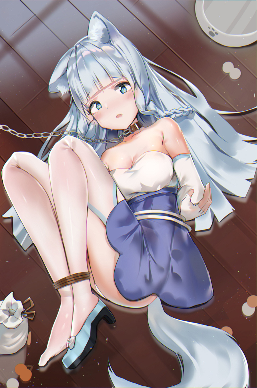 1girl animal_ears arms_behind_back bare_shoulders bdsm blue_eyes blue_footwear blue_skirt blush bondage bound bow bowl braid breasts chain chain_leash collar crossed_arms crying crying_with_eyes_open elbow_gloves fang female_focus fingerless_gloves from_above full_body gloves hataage!_kemono_michi high-waist_skirt high_heels highres knees_apart_feet_together knees_up leash long_hair looking_at_viewer looking_to_the_side lying medium_breasts mer_(pixiv38351312) on_floor on_side open_mouth panties pantyshot pet_bowl scared shigure_(kemonomichi) shirt single_braid skin_fang skirt slave solo strapless strapless_shirt tail tears thighhighs underwear white_bow white_gloves white_hair white_panties white_shirt white_thighhighs wolf_ears wolf_girl wolf_tail