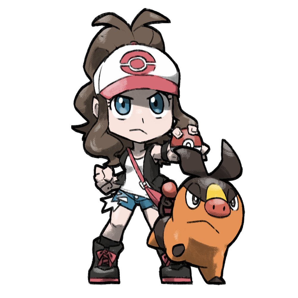 1girl :&lt; baseball_cap black_boots black_jacket black_socks blacknirrow blue_eyes blue_shorts boots brown_hair clenched_hand closed_mouth commentary creatures_(company) denim denim_shorts english_commentary eyelashes game_freak gen_5_pokemon hat hilda_(pokemon) holding holding_poke_ball jacket long_hair nintendo open_clothes open_jacket pink_bag poke_ball poke_ball_(basic) poke_ball_print pokemon pokemon_(creature) pokemon_bw ponytail shirt short_shorts shorts simple_background sleeveless sleeveless_jacket sleeveless_shirt socks standing tepig torn_clothes torn_shorts white_background white_hat white_shirt