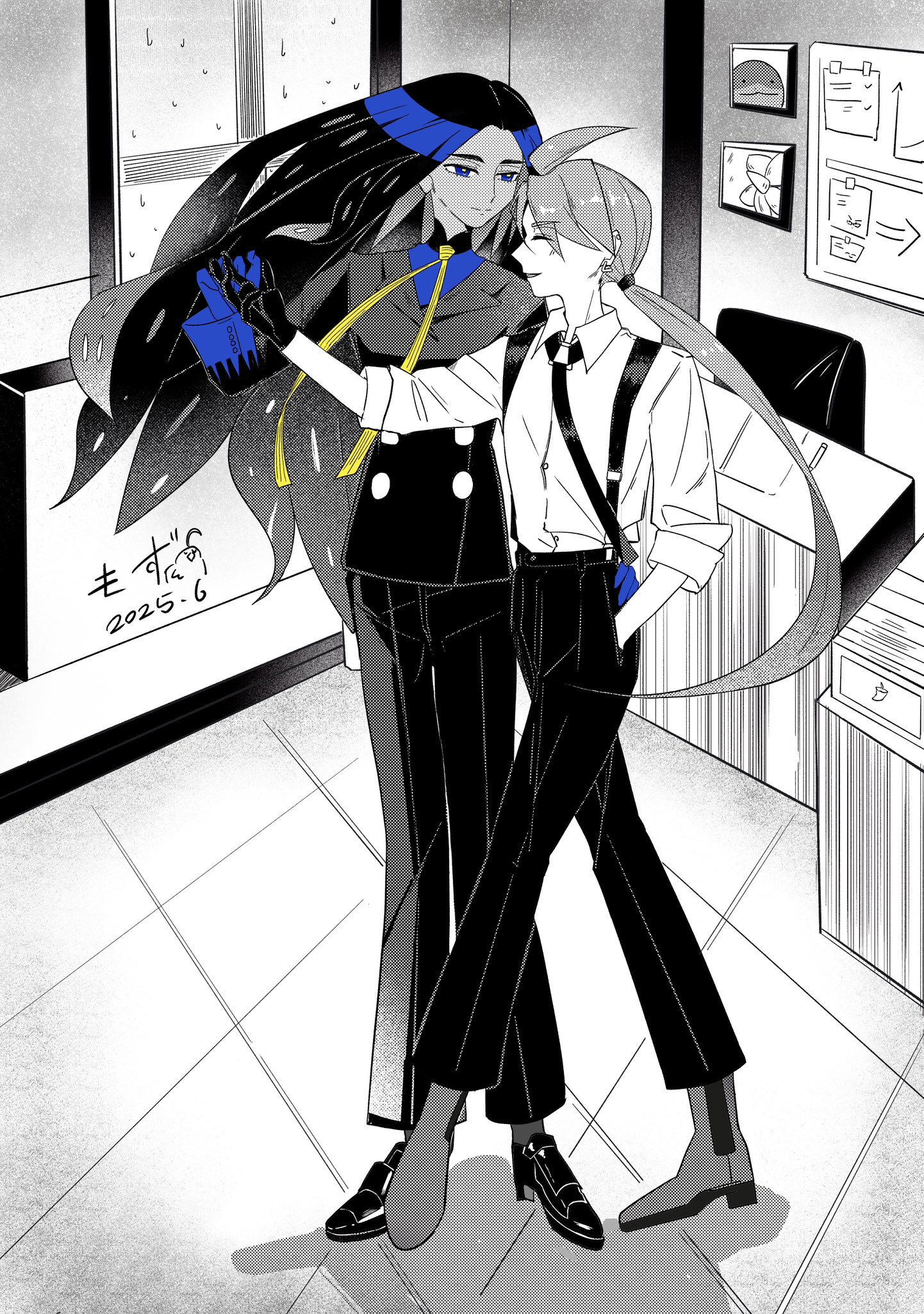 2girls ahoge black_hair blue_eyes chair clodsire closed_eyes dancing dated desk formal_clothes full_body geeta_(pokemon) gloves hand_in_pocket highres holding_hands indoors long_hair looking_at_another monochrome mozu_pkm multiple_girls necktie nintendo office pants pokemon pokemon_sv ponytail rika_(pokemon) shoes smile spot_color suit suspenders very_long_hair yuri