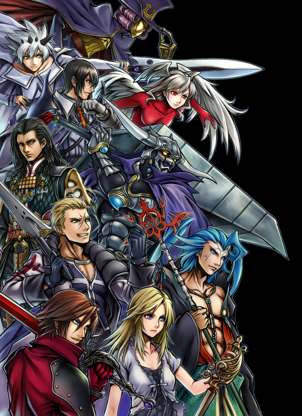 2girls 6+boys aqua_eyes armor black_hair blonde_hair blue_eyes blue_hair brown_hair cape chaos_(hikari_no_4_senshi) cid_raines crisis_core_final_fantasy_vii dissidia_final_fantasy final_fantasy final_fantasy_i final_fantasy_tactics final_fantasy_unlimited final_fantasy_vii final_fantasy_viii final_fantasy_x final_fantasy_xii final_fantasy_xiii final_fantasy_xv garland_(ff1) genesis_rhapsodos gloves gunblade hat head_wings highres hikari_no_4_senshi irie long_hair multiple_boys multiple_girls parody purple_hair red_eyes seifer_almasy seymour_guado shiroi_kumo spoilers staff stella_nox_fleuret style_parody sword ultima_(fft) vayne_carudas_solidor weapon white_hair wings