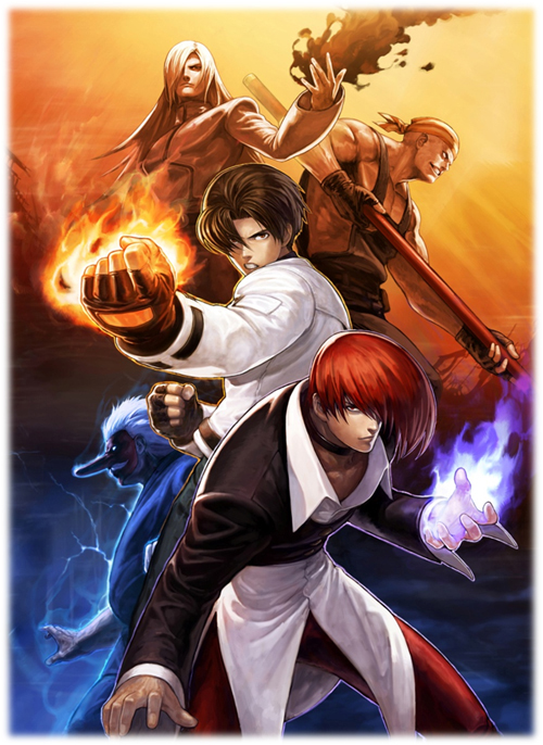 5boys bandana billy_kane blue_fire choker fatal_fury fighting_stance fingerless_gloves fire gloves hair_over_one_eye king_of_fighters_xiii kusanagi_kyou long_hair long_nose male_focus mask mr._karate multiple_boys muscular official_art ogura_eisuke pants polearm purple_fire pyrokinesis red_hair red_pants ryuuko_no_ken saiki_(kof) short_hair snk tengu_mask the_king_of_fighters the_king_of_fighters_xiii weapon white_hair yagami_iori