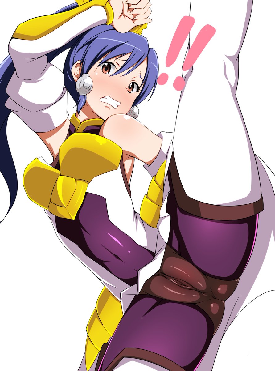 ! !! 1girl :d alternate_costume alternate_hairstyle arm_up blazblue blazblue:_chronophantasma blue_hair blush bodysuit brown_eyes cameltoe clenched_teeth cosplay covered_navel detached_sleeves embarrassed female_focus high_kick highres idolmaster idolmaster_(classic) imai_asami izayoi_(blazblue) izayoi_(blazblue)_(cosplay) jabara_tornado kicking kisaragi_chihaya leg_up long_hair looking_at_viewer multicolored_bodysuit open_mouth ponytail shiny_clothes shiny_skin skin_tight smile solo spread_legs teeth voice_actor_connection