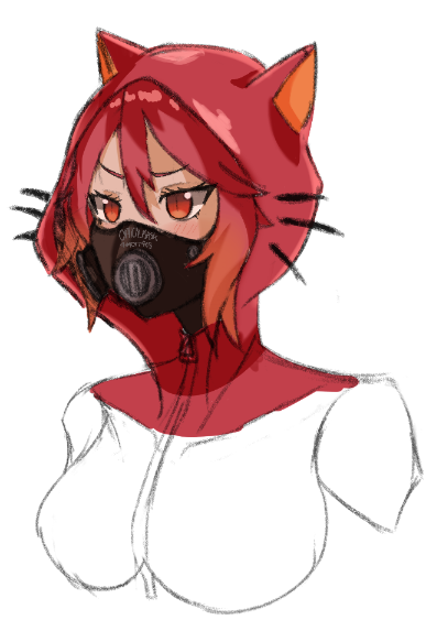 1girl animal_ears bodysuit cat_ears commentary english_commentary fake_animal_ears fake_whiskers genderswap genderswap_(ftm) genderswap_(otf) hood hood_up mask paladinmaui pyro_(tf2) red_bodysuit red_eyes red_hair red_pyro_(tf2) respirator simple_background solo team_fortress_2 unfinished white_background zipper