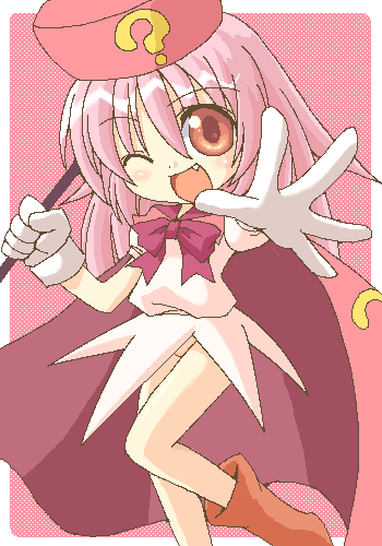 1girl ? benesse fang female_focus gloves hat hatena_yousei lowres oekaki open_mouth pink_hair pink_hat shirokuro_(lapinnoir) solo
