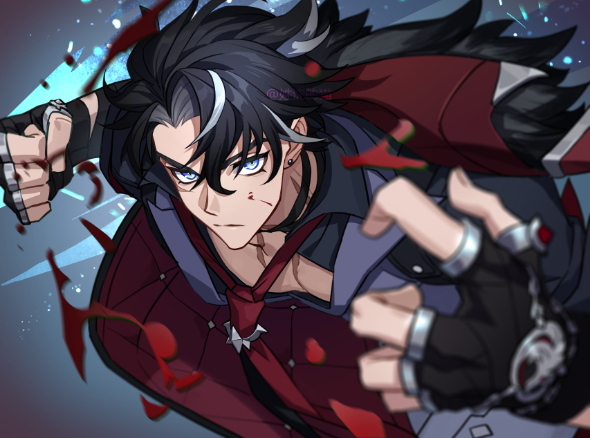 1boy artist_name black_choker black_coat black_gloves black_hair black_shirt blood blood_on_face blue_eyes blurry blurry_foreground choker clenched_hand closed_mouth coat coat_on_shoulders collared_shirt commentary depth_of_field earrings fingerless_gloves fur-trimmed_jacket fur_trim genshin_impact gloves grey_hair grey_vest hair_between_eyes hand_up honlo incoming_attack incoming_punch jacket jewelry looking_at_viewer male_focus multicolored_hair necktie parted_bangs punching raised_fist red_necktie scar scar_on_face serious shirt short_hair solo streaked_hair stud_earrings symbol-only_commentary v-shaped_eyebrows vest wriothesley_(genshin_impact)