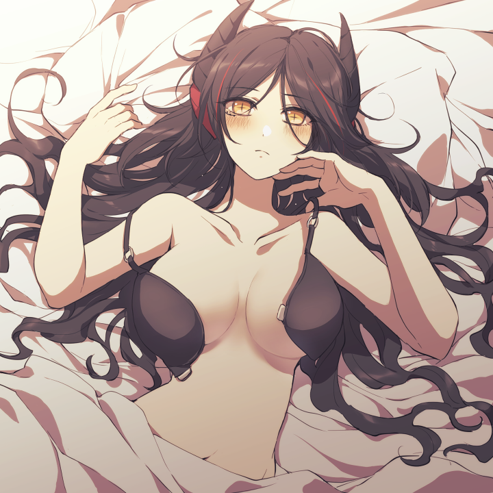 1girl arknights bed_sheet black_bra black_hair black_horns blush bra breasts breasts_apart closed_mouth collarbone demon_horns front-hook_bra frown head_on_pillow horns ines_(arknights) lari_lab long_hair looking_at_viewer lying multicolored_hair navel on_back open_bra pillow red_streaks solo streaked_hair symbol-shaped_pupils underwear yellow_eyes