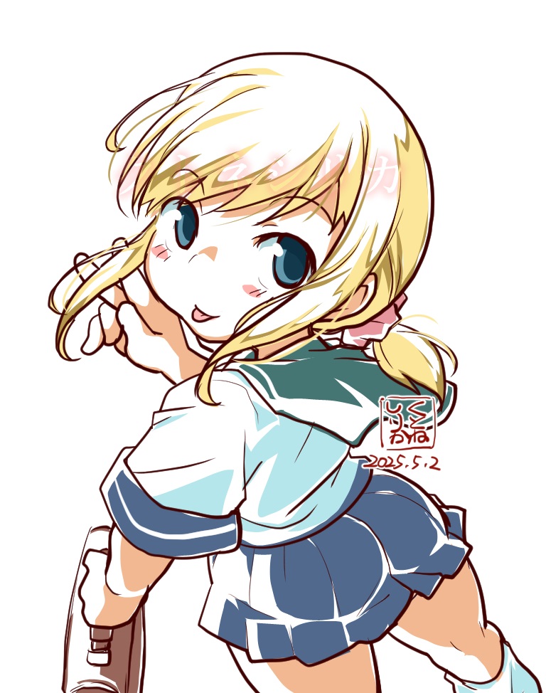 1girl alternate_hair_color artist_logo bag blonde_hair blue_eyes blue_sailor_collar blue_skirt dated feet_out_of_frame from_behind fubuki_(kancolle) kantai_collection kutone_shirika logo looking_at_viewer looking_back low_ponytail pleated_skirt ponytail sailor_collar sailor_shirt school_bag school_uniform serafuku shirt short_ponytail simple_background skirt solo tongue tongue_out watermark white_background white_shirt