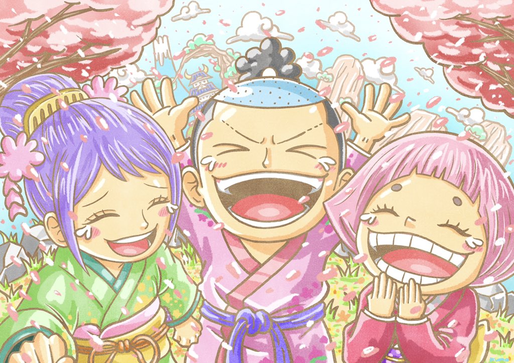 1boy 2girls black_hair blunt_bangs child closed_eyes cloud cloudy_sky hair_bun happy_tears high_ponytail japanese_clothes kouzuki_momonosuke kumo_d7 kurozumi_tama multiple_girls one_piece open_mouth outdoors pink_hair ponytail purple_hair short_hair single_hair_bun sky smile tears teeth toko_(one_piece) traditional_clothes