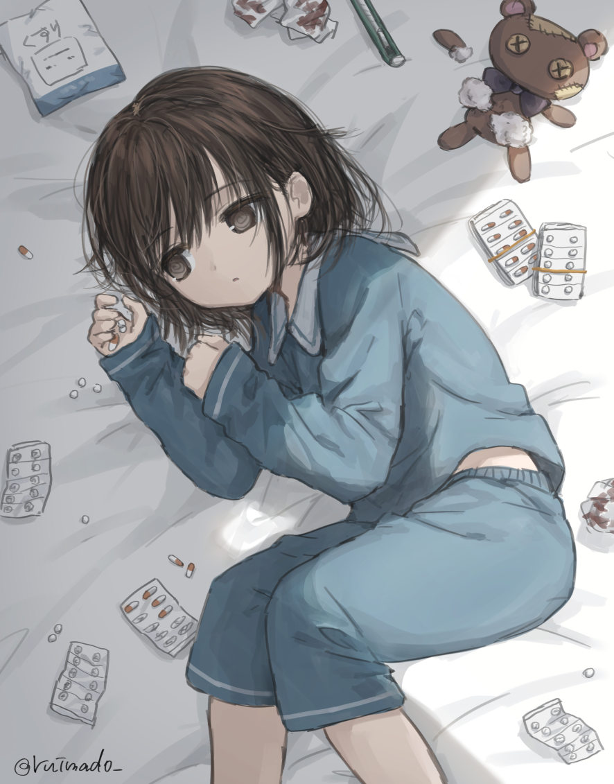 1girl @_@ bag blood boxcutter brown_eyes brown_hair collared_shirt expressionless holding holding_pill long_sleeves looking_to_the_side lying midriff_peek on_bed on_side original pajamas pill ruimado shirt short_hair solo stuffed_animal stuffed_toy stuffing teddy_bear tissue used_tissue
