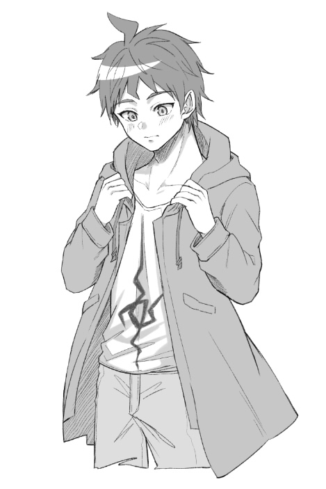 1boy ahoge blush closed_mouth collarbone cosplay cowboy_shot cropped_legs danganronpa_(series) danganronpa_2:_goodbye_despair greyscale hands_up hinata_hajime hood hood_down hooded_jacket jacket komaeda_nagito komaeda_nagito_(cosplay) long_sleeves looking_down male_focus meipoi monochrome open_clothes open_jacket pants print_shirt shirt short_hair simple_background solo