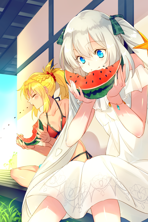 2girls bare_shoulders bikini blonde_hair blue_eyes blush braid breasts closed_eyes collarbone dress eating echo_(circa) fate/grand_order fate_(series) food fruit long_hair marie_antoinette_(fate) marie_antoinette_(swimsuit_caster)_(second_ascension)_(fate) medium_breasts mordred_(fate) mordred_(swimsuit_rider)_(fate) mordred_(swimsuit_rider)_(first_ascension)_(fate) multiple_girls outdoors parted_bangs ponytail red_bikini sidelocks small_breasts spitting swimsuit twintails very_long_hair watermelon watermelon_seeds watermelon_slice white_dress white_hair