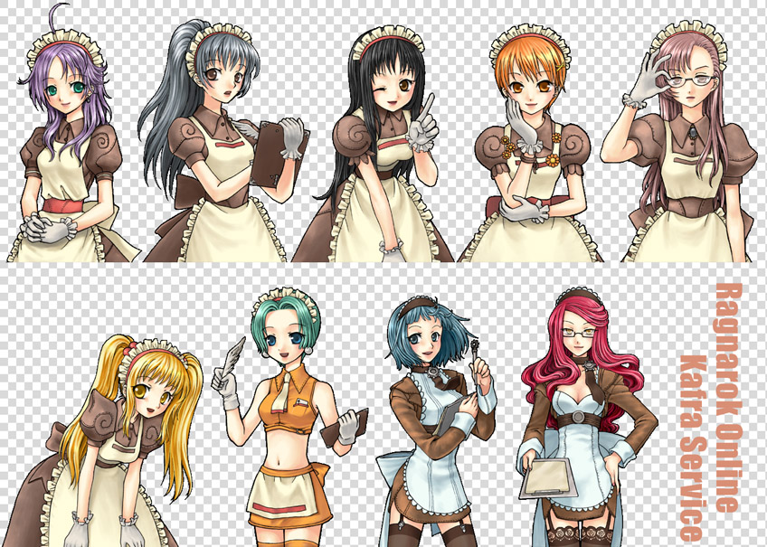 6+girls adjusting_eyewear ahoge alty_(ragnarok_online) apron black-framed_eyewear black_hair black_thighhighs blonde_hair blossom_(ragnarok_online) blue_eyes blue_hair breasts brown_dress brown_eyes brown_hair cleavage clipboard closed_mouth commentary_request copyright_name cowboy_shot crop_top curly_sue derivative_work dress fake_transparency frilled_apron frills garter_straps glasses gloves green_eyes grey_hair hair_over_shoulder hand_on_own_cheek hand_on_own_face holding holding_clipboard jasmine_(ragnarok_online) kafra_uniform leaning_forward leilah_(ragnarok_online) long_hair looking_at_viewer lyrus_(ragnarok_online) maid maid_headdress medium_breasts midriff miniskirt multiple_girls navel necktie one_eye_closed open_mouth orange_eyes orange_hair orange_legwear orange_shirt orange_skirt own_hands_together pavianne_(ragnarok_online) pink_eyes pink_hair ponytail puffy_short_sleeves puffy_sleeves purple_hair ragnarok_online red_hair roxie_(ragnarok_online) sampaguita_(ragnarok_online) semi-rimless_eyewear shirt short_dress short_hair short_sleeves skirt smile thighhighs tsuki_miso under-rim_eyewear white_apron white_gloves white_necktie yellow_eyes