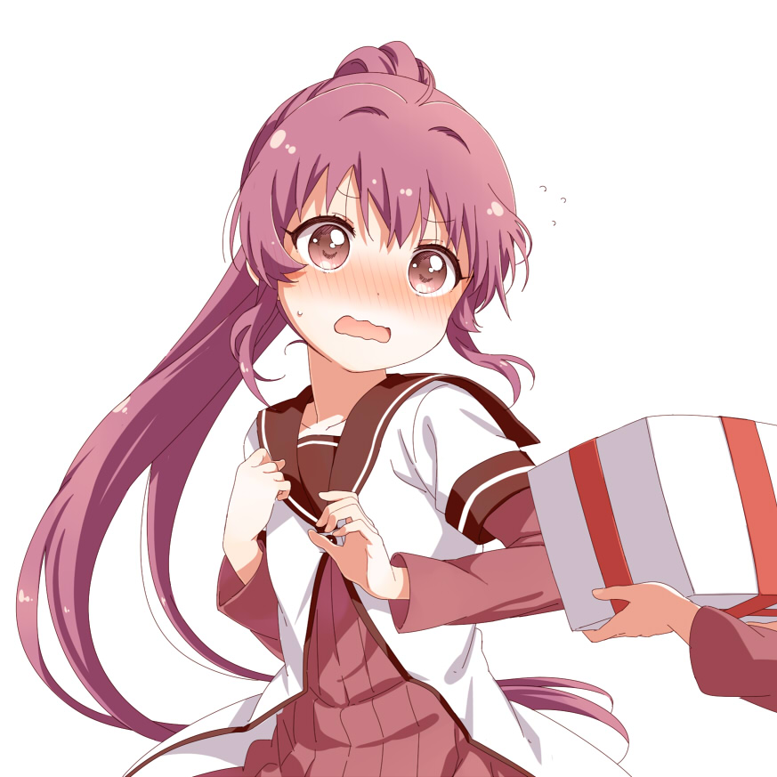2girls black_sailor_collar blush commentary dress flying_sweatdrops gift holding holding_gift light_frown long_hair long_sleeves looking_at_another multiple_girls nanamori_school_uniform open_mouth out_of_frame ponytail purple_dress purple_eyes purple_hair sailor_collar sailor_dress school_uniform shikou_sakugo_(qqap9gt9k) simple_background solo_focus standing sugiura_ayano sweatdrop wavy_mouth white_background yuruyuri