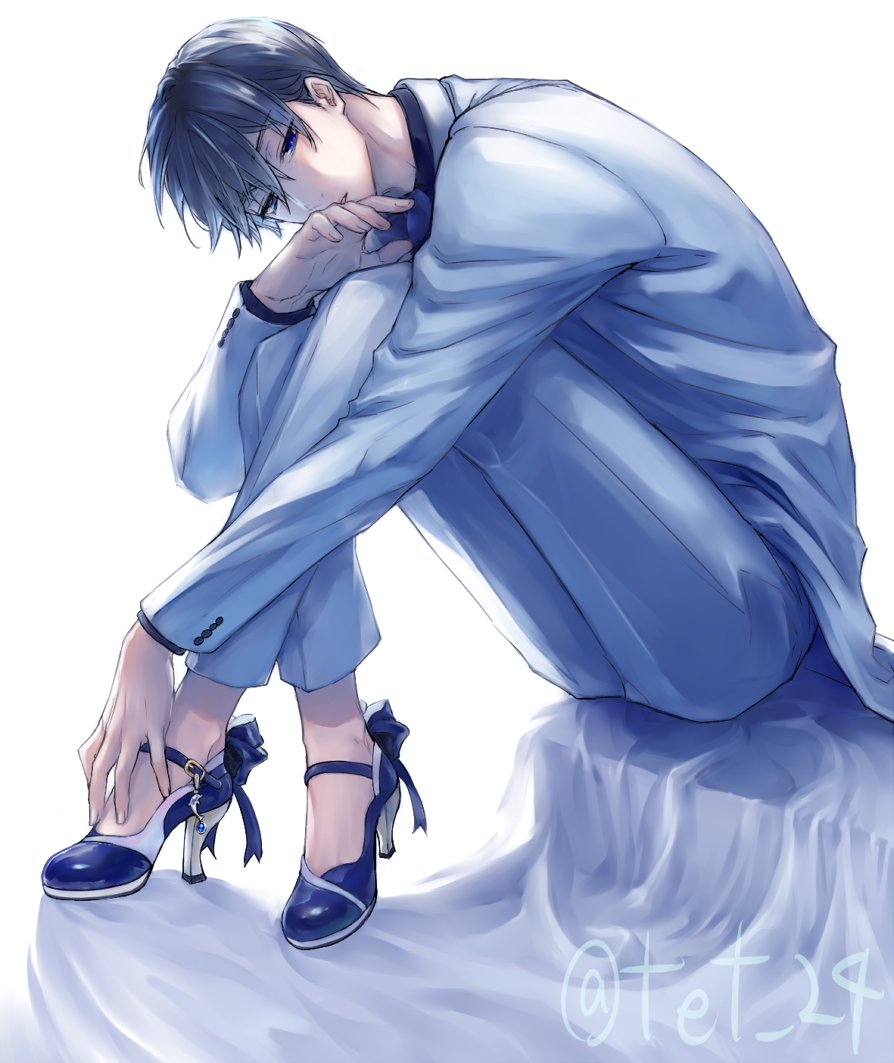 1boy black_hair black_shirt blue_bow blue_eyes blue_footwear blue_necktie bow cloth crossed_ankles footwear_bow formal_clothes free! full_body hair_between_eyes hand_up high_heels jacket knees_to_chest looking_at_viewer male_focus nanase_haruka_(free!) necktie pants parted_lips pumps shirt short_hair sitting solo suit tet_24 twitter_username white_background white_jacket white_pants white_suit